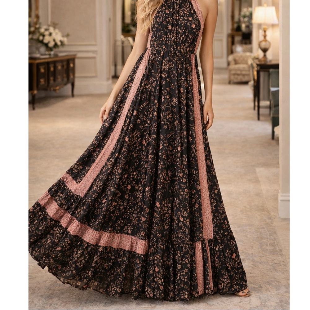 LUXE! Black Floral Print Halter Dress w/Vertical Ruche Cut Outs on Top Back! OS